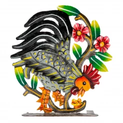 Freestanding Painted Gray Rooster with Wing