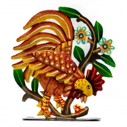 Freestanding Painted Orange Rooster with Wing