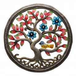 Painted Three Blue Flowers in Tree with Bird